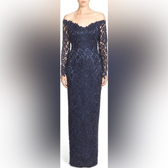 HELEN MORLEY Off the Shoulder Guipure Lace Column Long Sleeve Navy Blue Gown 12 - Picture 1 of 12